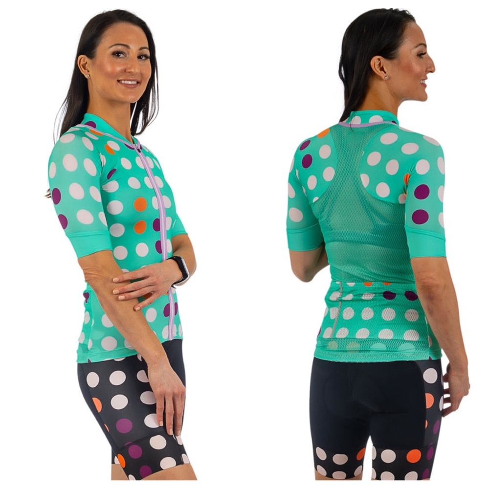 NWT $130 Shebeest Spot On Sheena Jersey Womens Cycling Pro Fit Aruba Dot Sz S